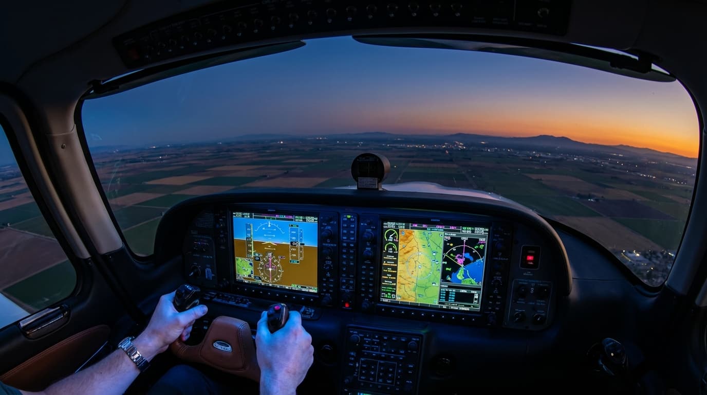 Glass cockpit panel at sunset from the right seat
