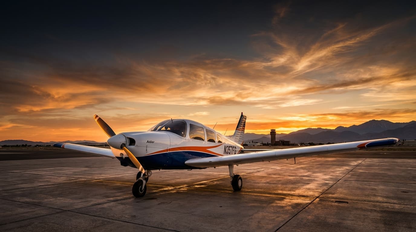 Piper training aircraft on the ramp at Fresno Yosemite International Airport during golden hour