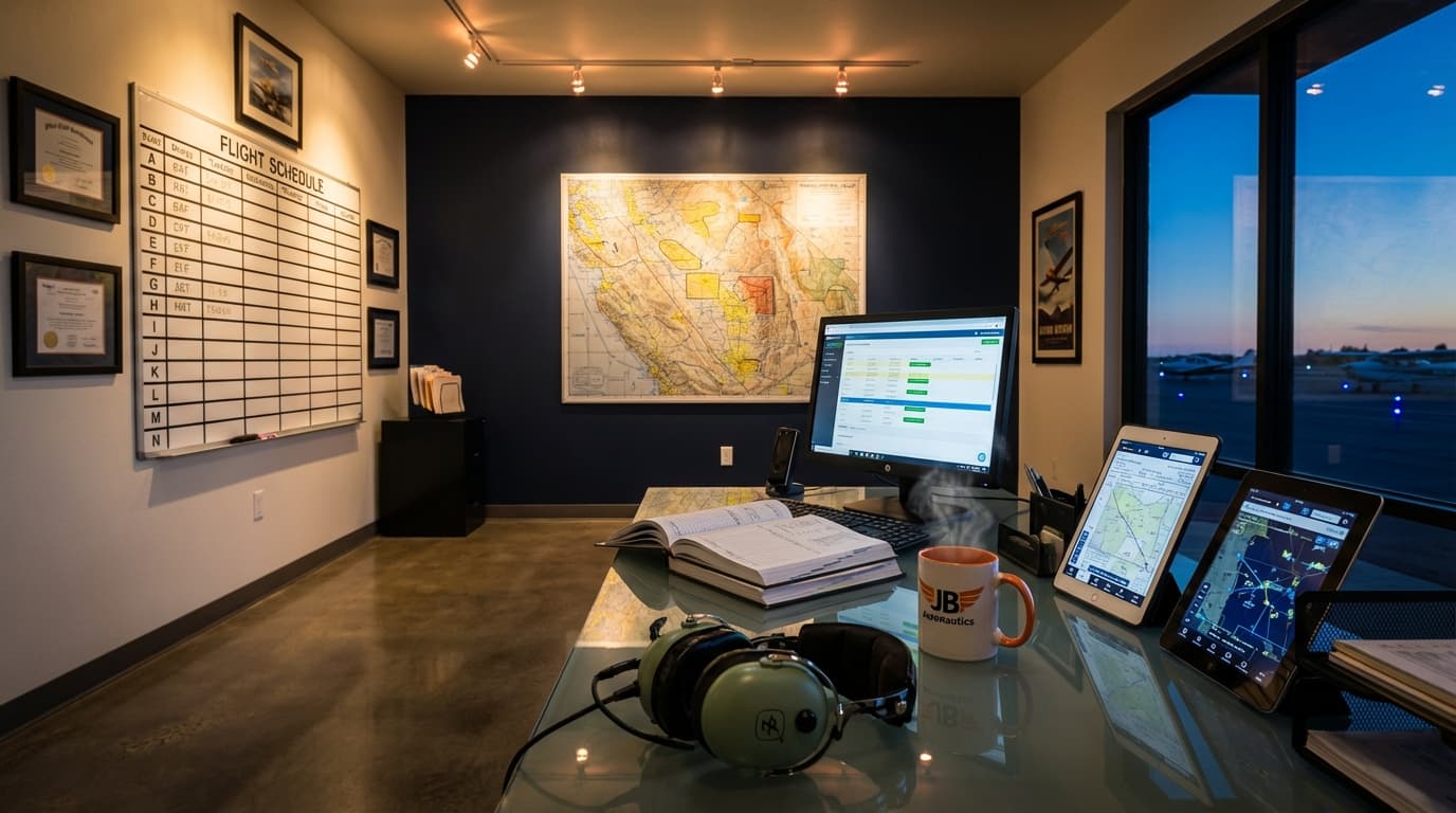 JB Aeronautics flight school briefing room at dawn
