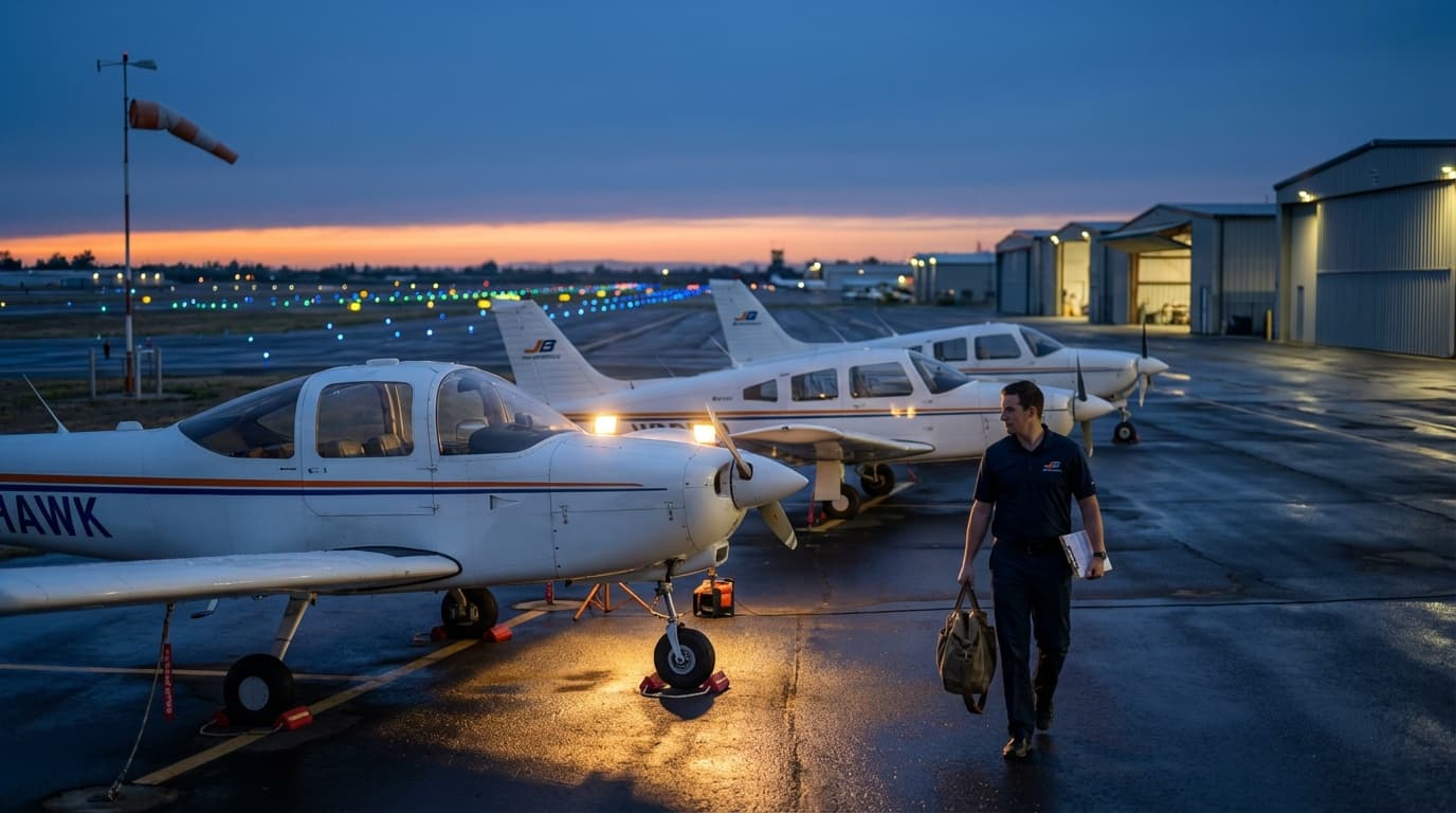 JB Aeronautics training aircraft on the ramp at KFAT at dawn